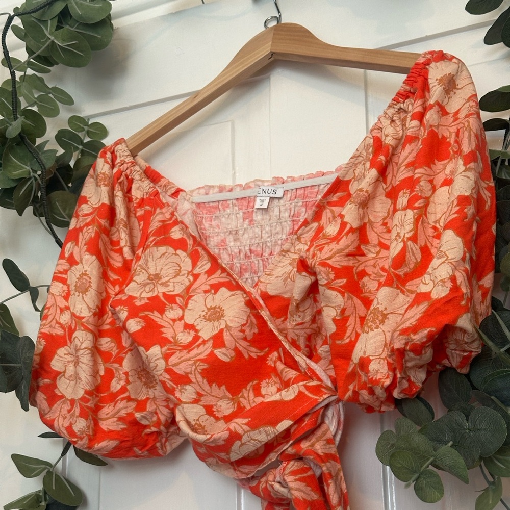 Venus Puff Sleeve Linen Floral Crop Top, Size M